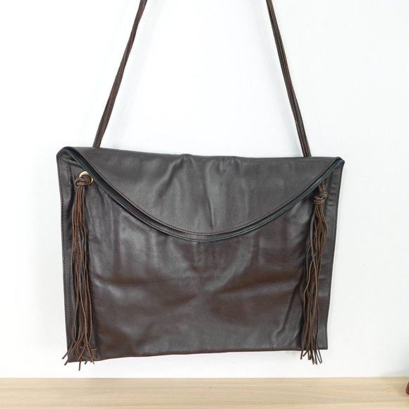 VINTAGE Brown Bag Leather Shoulder Envelope Purse Fringes Formal XL‎ Dark 90s - Picture 1 of 16